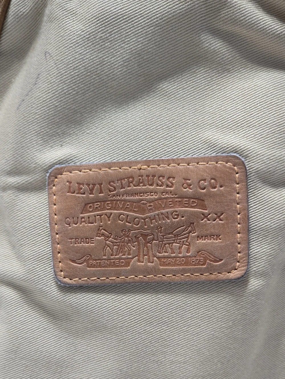 Levi's beige cotton canvas tote W/ brown leather trim & structural top handles